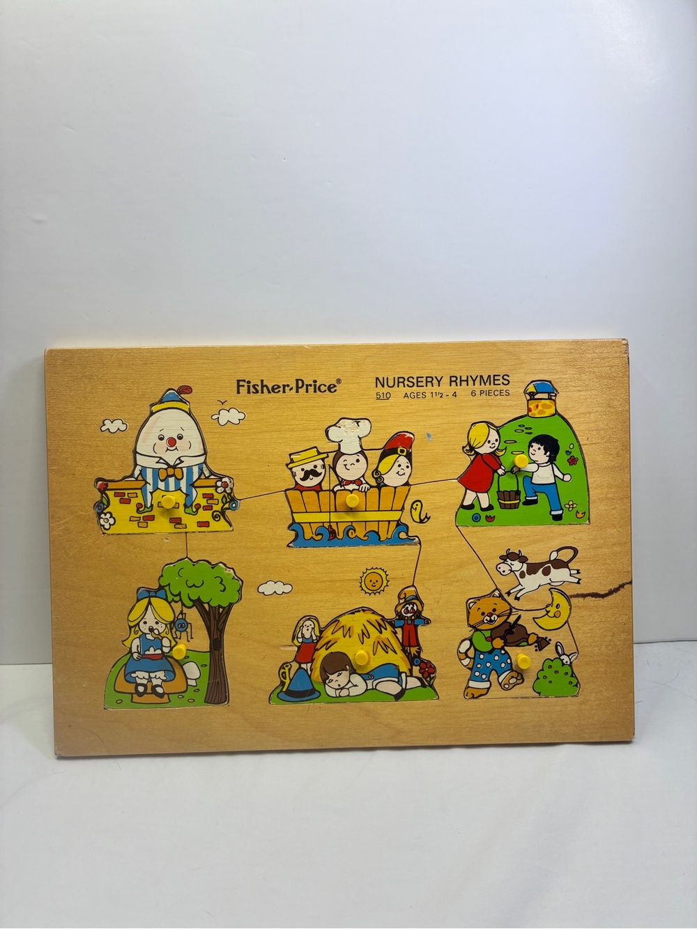 Vintage 1971 Fisher Price Wooden Puzzle Nursery Rhymes #510 6 pieces